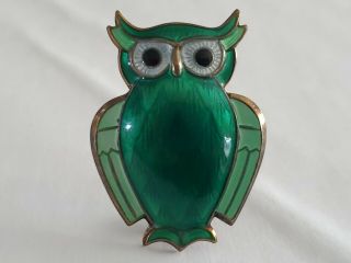 Vintage David Andersen Owl Brooch Norwegian Sterling Silver,  Green Enamel 2