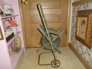 Antique Vintage Metal Garden Hose Air Fire Reel Wheeled Cart Green Paint