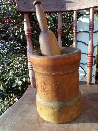 Very Early Primitive Wooden Hand Turned Large Mortar & Pestle Great Patina