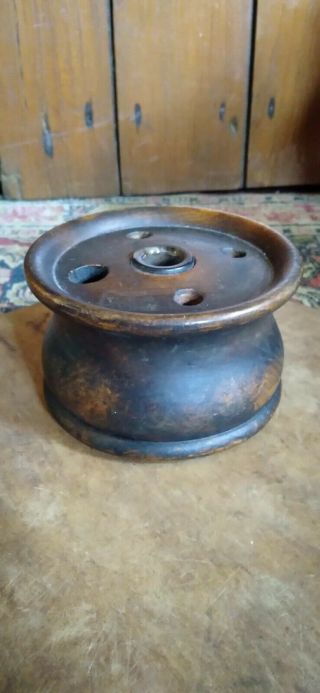 Antique Early Primitive Big Wooden Treen Quill Inkwell W/ Dark Patina 4.  25 "