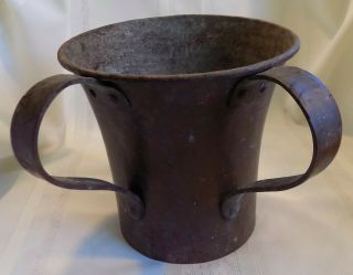 Antique Primitive Hand Hammered Copper Pot Vessel 2 Handles Dovetailed