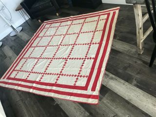Antique Red And White Cutter Quilt With Worn Binding