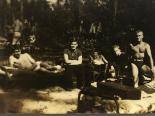 1930s Shirtless Men Posing At College Camp; Gay Interest,  Bulge; Snapshot Photo