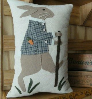 pRiMiTiVe Stitchery Wool Applique Pillow Walking Rabbit Easter Spring Bunny 3