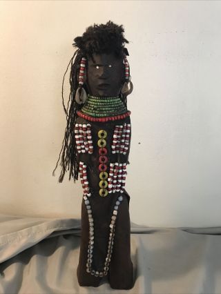 Large Antique African Wooden Doll Beaded Leather Fertility Figure 12 Inches