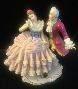 Vintage German Dresden Lace Dancing Colonial Couple Figurine