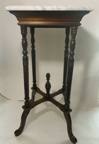 Vintage Victorian Style Marble Top Plant Stand Carved Wood Pedestal Table