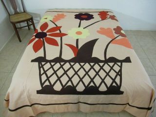 Vintage Flower Basket Applique Quilt Top & Bedspread; Queen; Good