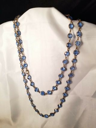 Vintage Antique Art Deco Blue Crystal Open Back Bezel Set Necklace