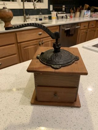 Antique Primitive Wood & Cast Iron Coffee Grinder Mill W/ Drawer