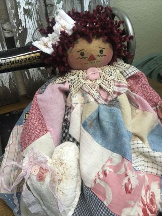 Primitive Valentine Annie Doll,  Old Quilt,  Vintage Chenille,  Heart Folk Art Annie