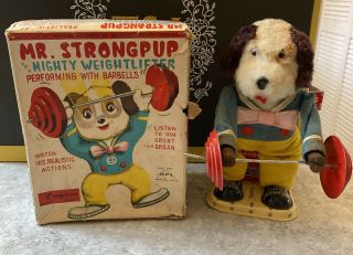 Vintage Cragstan Mr.  Strongpup Weightlifter Battery Op Japan Toy W/box