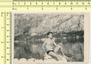 Shirtless Man On Beach In Trunks,  Handsome Guy Portrait Gay Int Vintage Photo