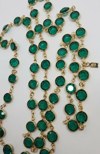 Vintage Signed Emerald Green Swarovski Crystal Bezel Gold Tone Long Necklace 36 "