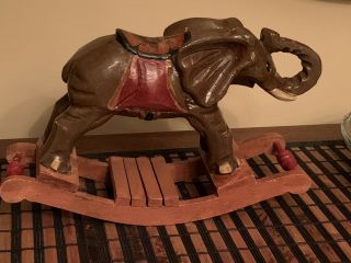 Antique/vintage Folk Art Carved Circus Elephant Toy On Rocking Base