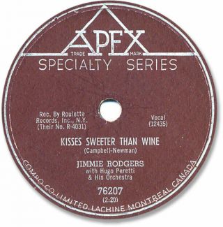 1957 Jimmie Rodgers Rock’n Roll 78 Rpm Record.  Kisses Sweeter Than Wine