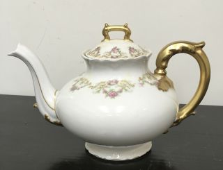 Vintage William Guerin Limoges France Teapot Antique White With Pink Roses