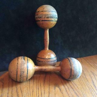 Antique Vintage Wooden Dumbbell Set Wood Pair Hand Weights Exercise Primitive