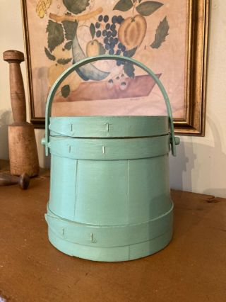Vintage Small 6.  5 " Primitive Sugar Firkin / Bucket - Blue/green - Paint Not Old