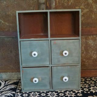 Primitive Farmhouse Wooden 4 Drawer Spice Wall Box W Porcelain Knobs Green Paint
