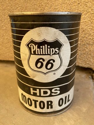 Vintage Phillips 66 Hds Motor Oil Can Metal Quart Can Black & White