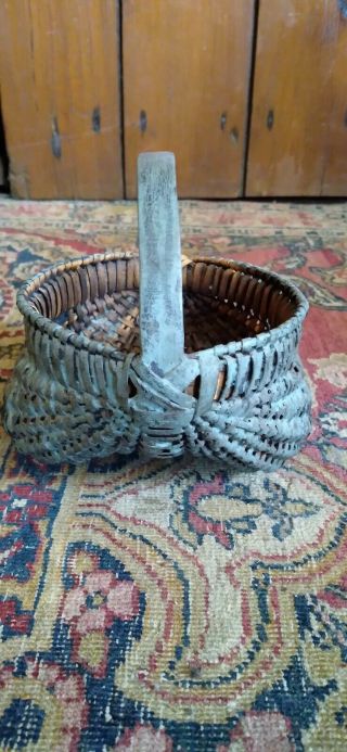 Antique Early Primitive Small Blue Painted Wood Buttocks Basket 5 " Patina
