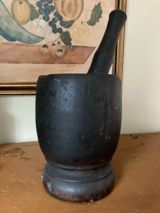 Antique - Primitive - Nicely Turned Mortar And Pestle W/ Old Black Paint