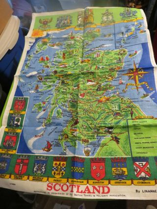 Vtg Pure Irish Linen Vintage Tea Towel Map Of Scotland Wall Hanger