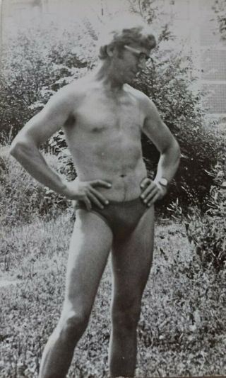 Vintage Photo Muscular Handsome Guy Man In Glasses Shirtless Trunks Gay Int