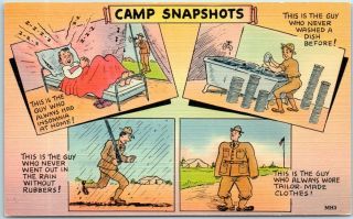 Vintage Wwii Military Comic Postcard " Camp Snapshots " Mh3 Tichnor Linen C1940s
