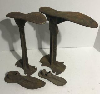 2 Antique Shoe Last Stand Cobblers Vtg Primitive Cast Iron Form Anvil & 4 Forms