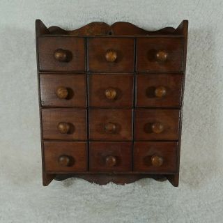 Vintage Hanging Wood Apothecary Spice 12 Drawer Cabinet Stash Box