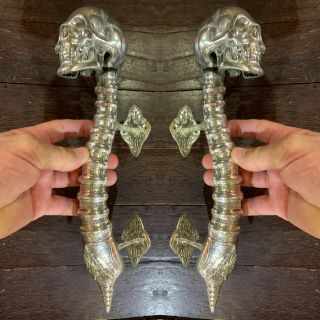 2 Large Skull Head Handle Door Pull Spine Silver Brass Old Vintage Style 33 Cm B