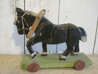 Old Vintage Primitive Folk Art Hand Carved Wood Painted Pull Toy Horse