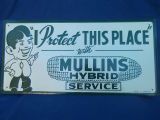 Vintage Nos Embossed Mullins Hybrid Corn Service Sign Farm Seed Iowa Dairy