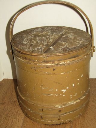 Painted Antique Primitive England Wooden Firkin Sugar Bucket W/ Lid