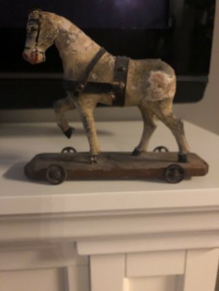 Antique Paint Carved Wood & Gesso Pull Toy Horse 7” - Primitive