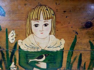 Vintage Primitive Folk Art Painting on Planks - Child,  Dog,  Bird & Flowers - 26 1/2 
