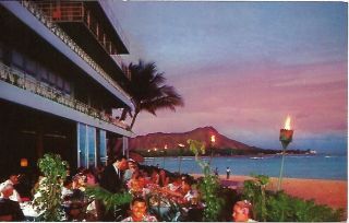 The Reef Hotel Waikiki Beach Hawaii Diamond Head Sunset Vintage Postcard