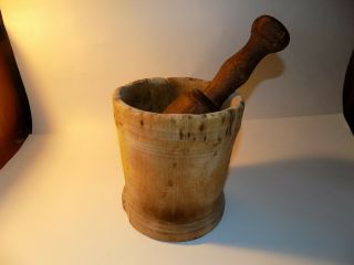 Early Antique Primitive Large Wooden Mortar And Pestle,  Pantry Aafa