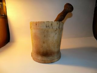 EARLY ANTIQUE PRIMITIVE LARGE WOODEN MORTAR AND PESTLE,  PANTRY AAFA 2