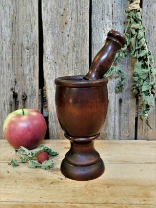 Old Vintage Wooden Mortar & Pestle Pantry Spice Apothecary Rx