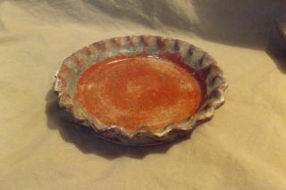Antique 7 " Pennsylvania Redware Fluted Pie Plate Green Milk Paint Early 19th C