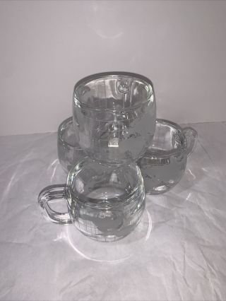 Vtg Nestle Nescafe Etched Clear Glass World Map/globe Coffee Cup/mug Set Of 4