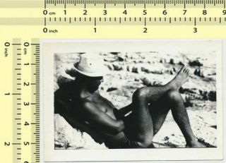 Man With Hat Reading On Beach Shirtless Guy Crossed Legs Read Abstract Old Photo