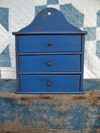 Antique Wood 3 Drawer Spice Chest Cupboard Blue Paint