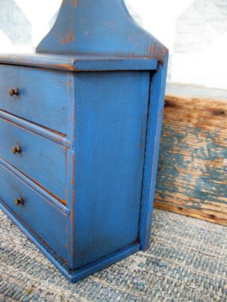 Antique Wood 3 Drawer Spice Chest Cupboard Blue Paint 3