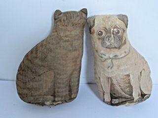 Pair Antique 1892 Arnold 9 1/2 " Pug Dog And Cat Litho On Cloth Stuffed
