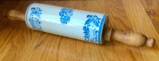 LATE 1800 ' S BLUE FLORAL DECORATED STONEWARE POTTERY ROLLING PIN AAFA 2