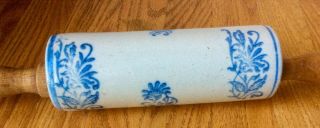 LATE 1800 ' S BLUE FLORAL DECORATED STONEWARE POTTERY ROLLING PIN AAFA 5